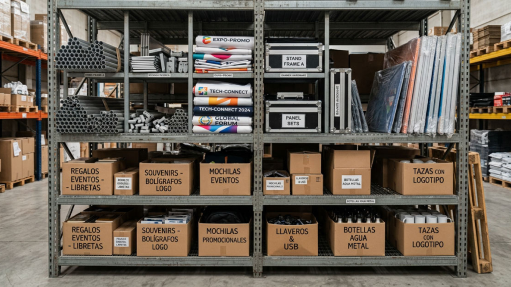 Inventario organizado y etiquetado de material POP en bodega Mubit